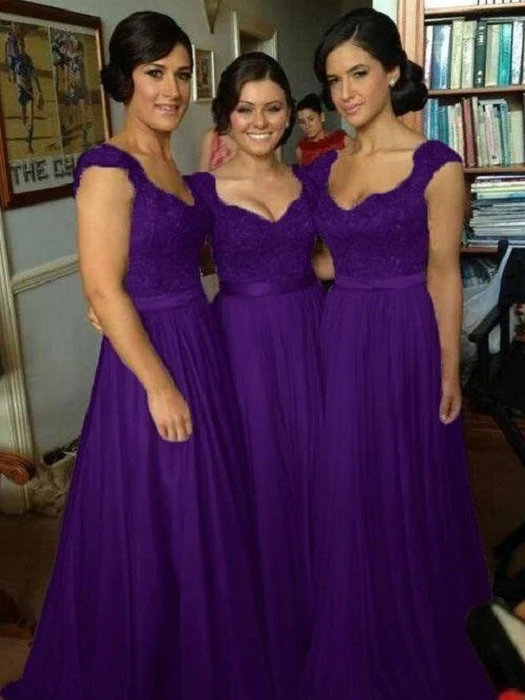 Robes de demoiselle d'honneur violettes, haut en dentelle violette, robes de demoiselle d'honneur longues en mousseline de soie, FS072