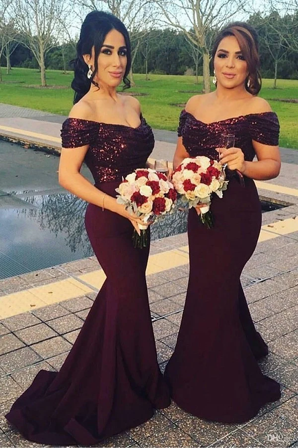 Robes de demoiselle d'honneur sirène avec haut à paillettes bordeaux pour dames courbées