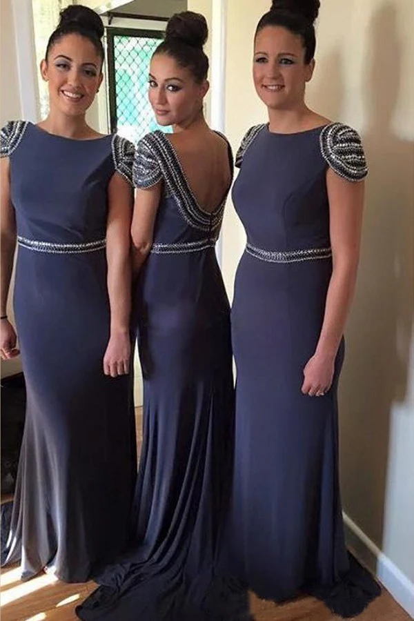 Robes de demoiselle d'honneur longues bleu gris