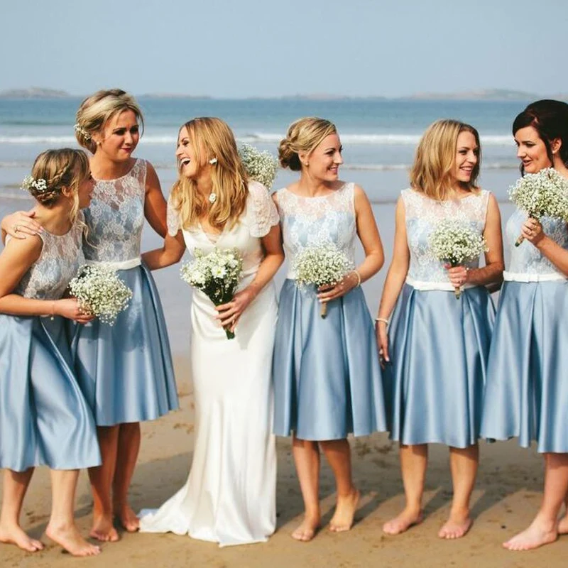 Longueur ThéRobes De Demoiselle D'honneur Courtes Bleu | Tenue de plage