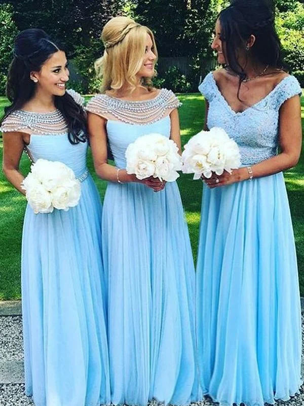 Robes de demoiselle d'honneur bleues longues en mousseline de soie de style campagnard