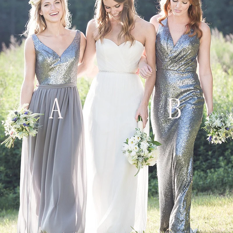 Boho argent gris paillettes décontracté longues robes de demoiselle d'honneur de style campagnard