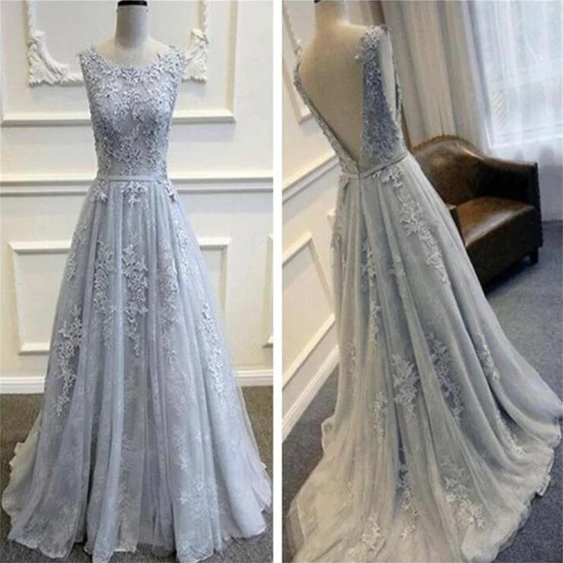 Robe de bal en dentelle grise, dos en V, col rond, robes formelles pour mariage