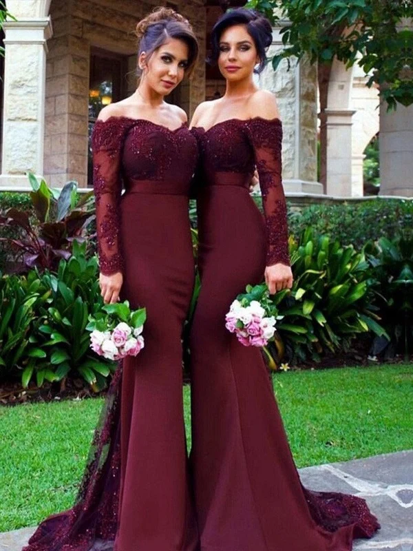 Robes de demoiselle d'honneur sirène avec haut en dentelle bordeaux et manches