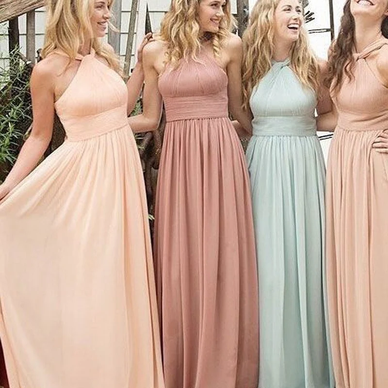 Robes de demoiselle d'honneur pastel longues à col licou | Robe de Demoiselle D'honneur