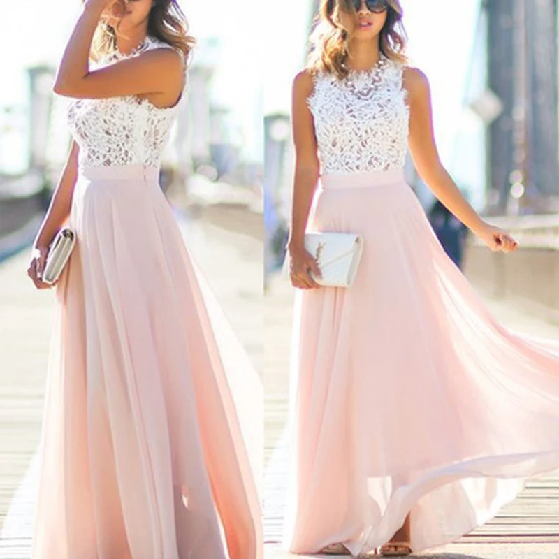 Robe de bal rose avec haut en dentelle blanche | Robes de demoiselle d’honneur longues | Robes pour les invités du mariage