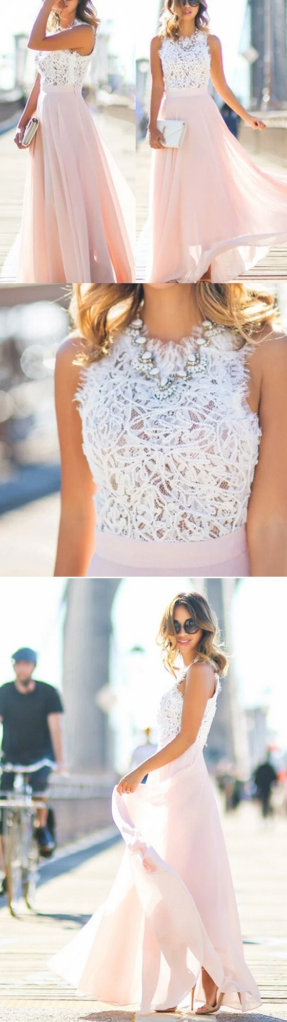 Robe de bal rose avec haut en dentelle blanche | Robes de demoiselle d’honneur longues | Robes pour les invités du mariage