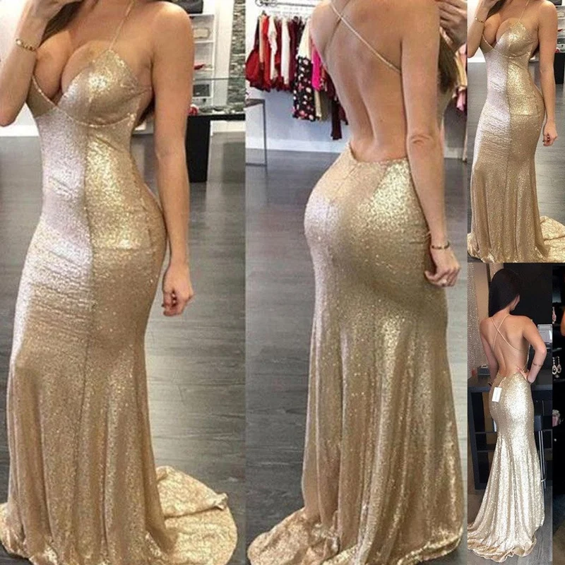 Robe de bal sexy dos nu, robe formelle à paillettes dorées