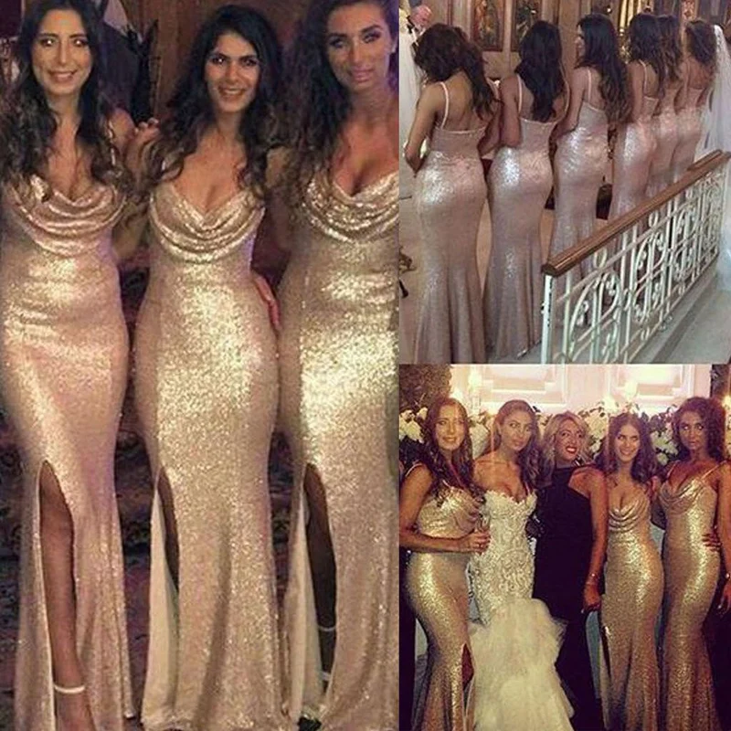Robes de demoiselle d'honneur sexy à col bénitier et paillettes dorées avec fente latérale
