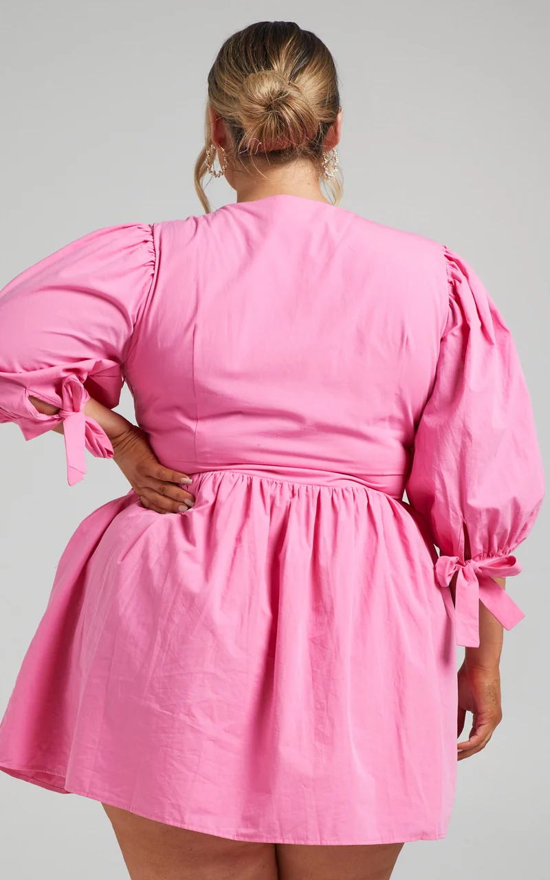 Zandra Mini Dress - Puff Sleeve Poplin Dress in ICE PINK