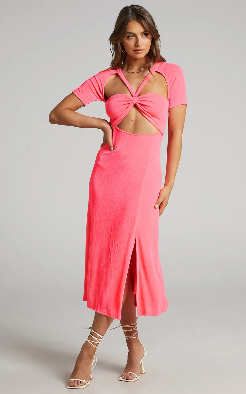 Lyanna Midi Dress - Cut Out Dress in Neon Pink