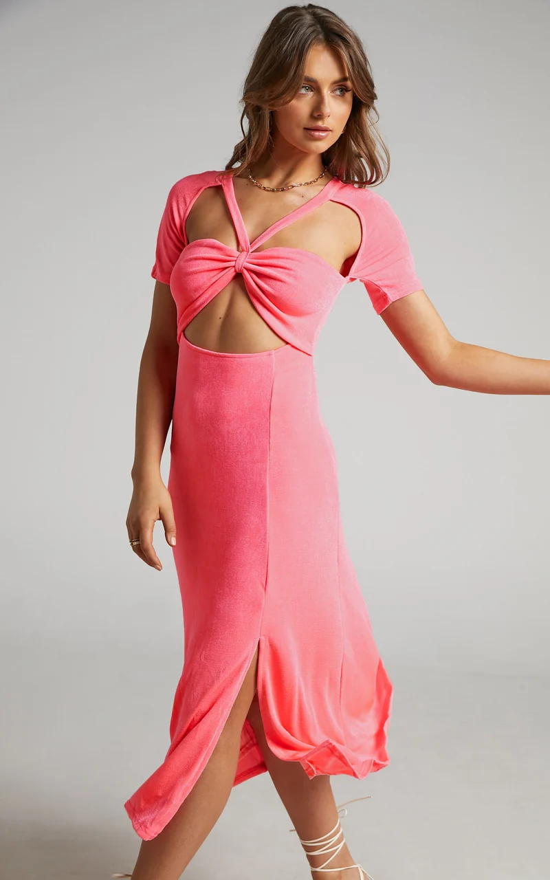 Lyanna Midi Dress - Cut Out Dress in Neon Pink