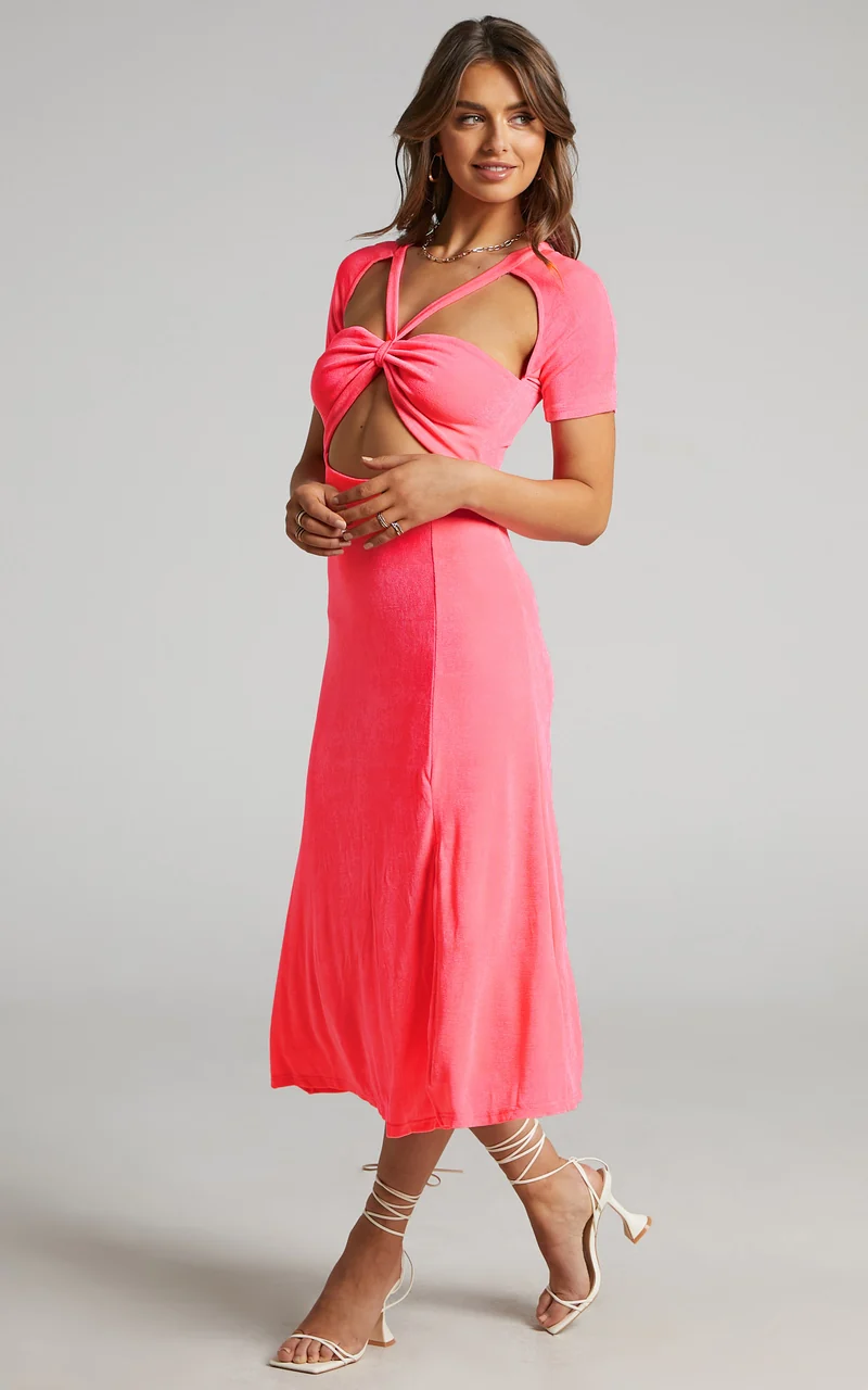 Lyanna Midi Dress - Cut Out Dress in Neon Pink