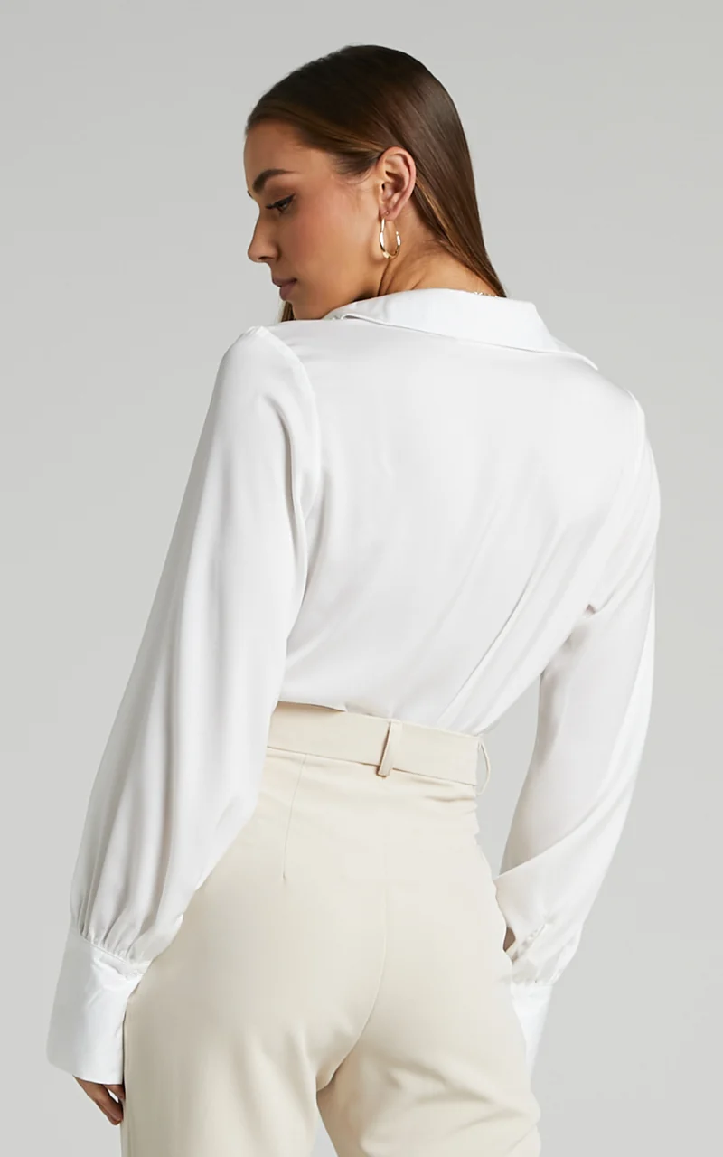 Zephyr Bodysuit - Plunge Neck Cowl Bodysuit in White