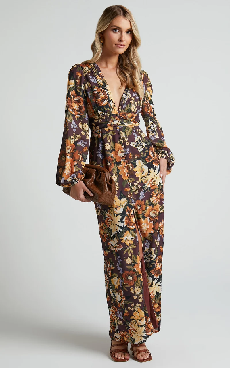 Lorelei Maxi Dress - V Neck Balloon Sleeve Dress in Indulgent Bloom