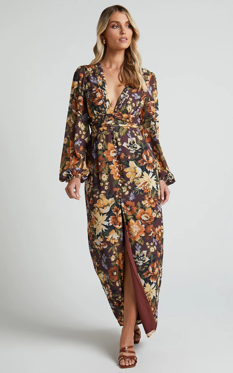Lorelei Maxi Dress - V Neck Balloon Sleeve Dress in Indulgent Bloom