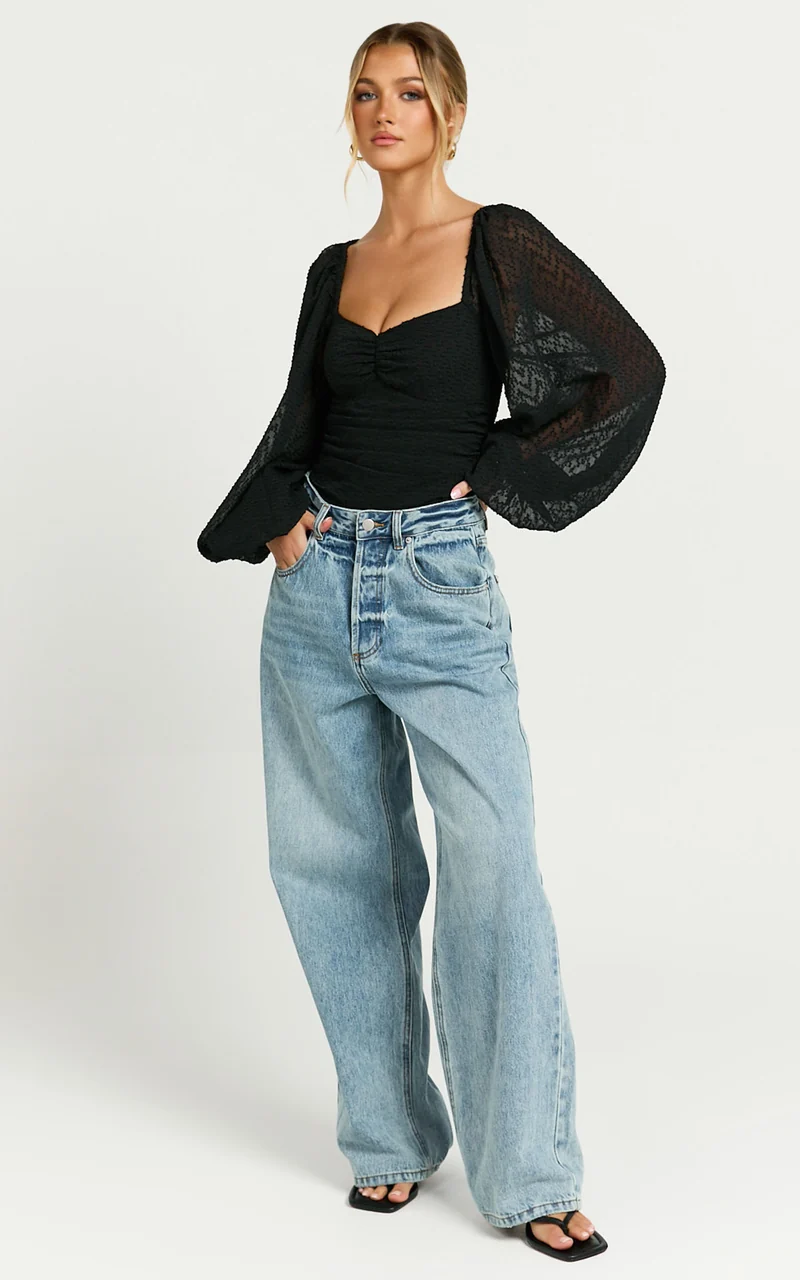 Lunara Bodysuit - Textured Ballon Sleeve Bodysuit in Black