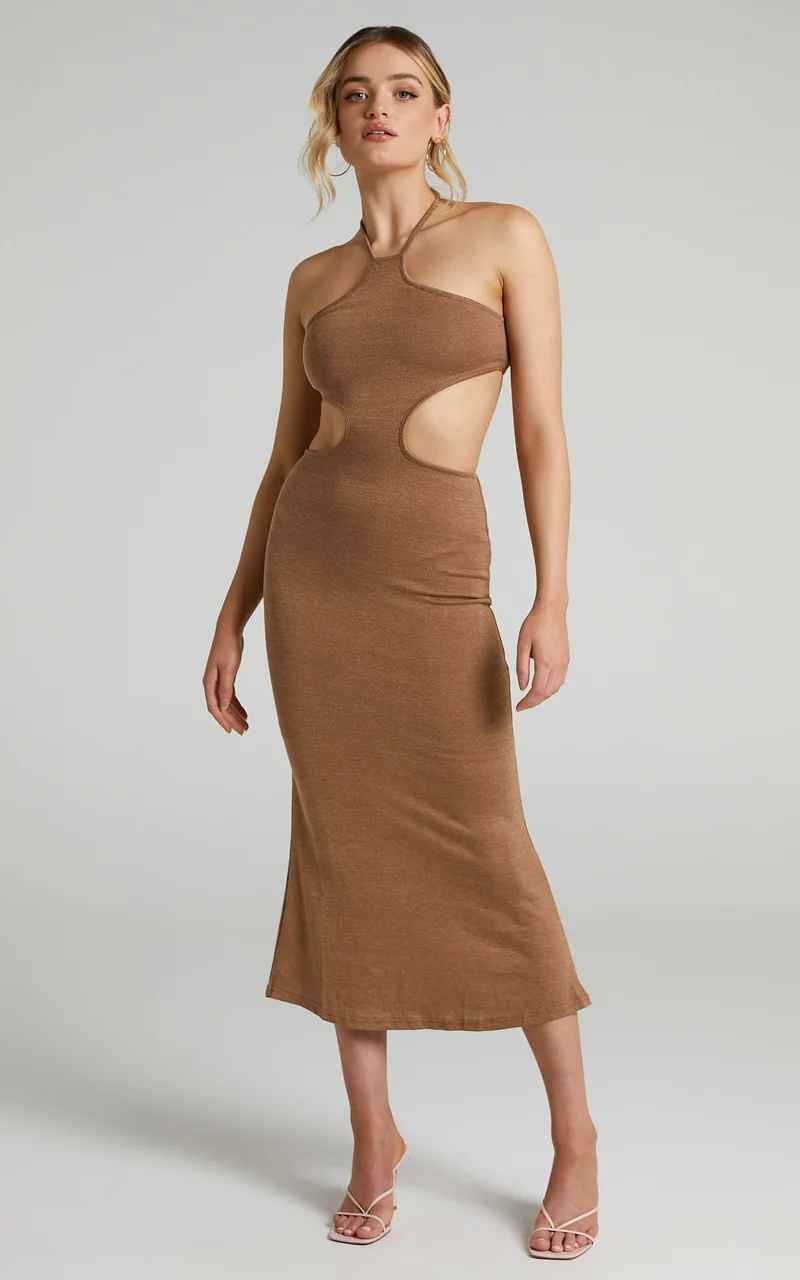 Saskia Midi Dress - Side Cut Out Dress in Chocolate
