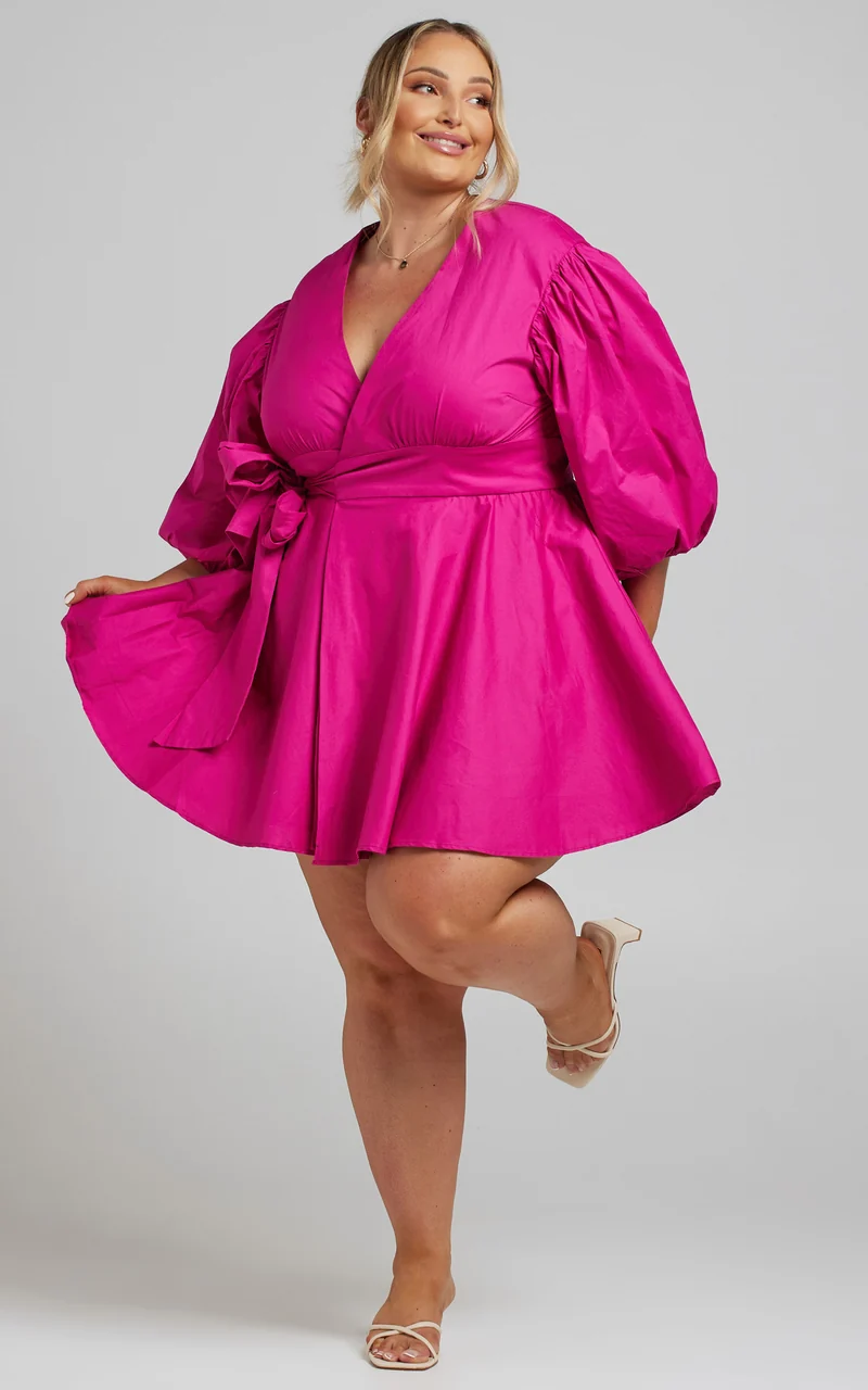 Zyla Mini Dress - Puff Sleeve Wrap Dress in Berry