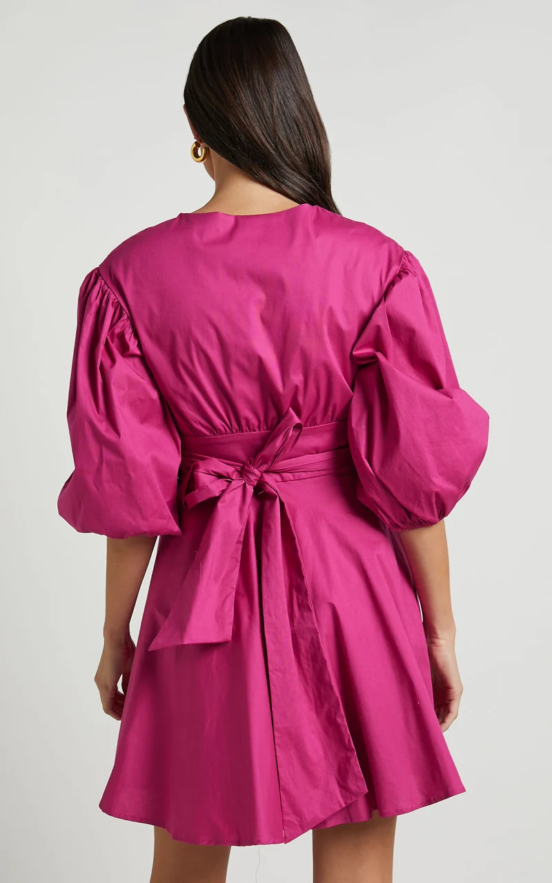 Zyla Mini Dress - Puff Sleeve Wrap Dress in Berry