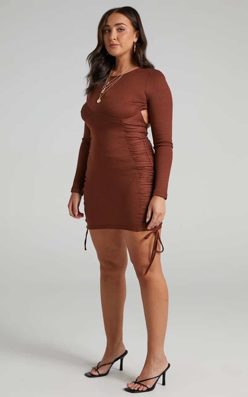 Brittah Mini Dress - Long Sleeve Dress in Chocolate