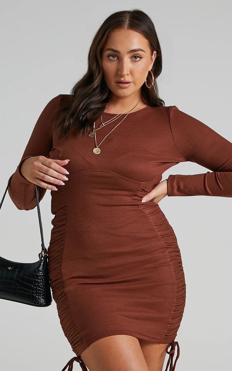 Brittah Mini Dress - Long Sleeve Dress in Chocolate