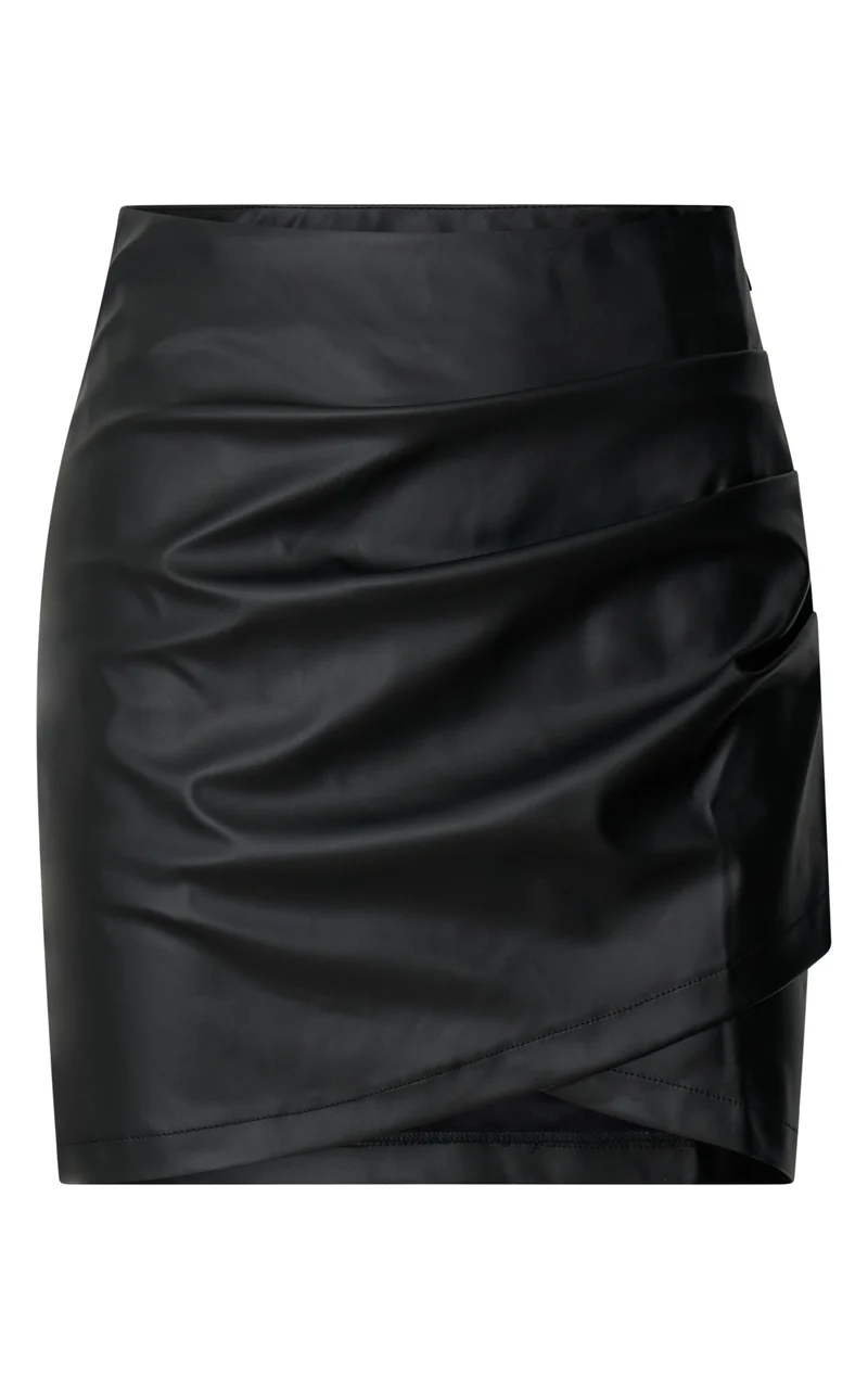 Ashlyn Mini Skirt - Faux Leather Overlap Skirt in Black