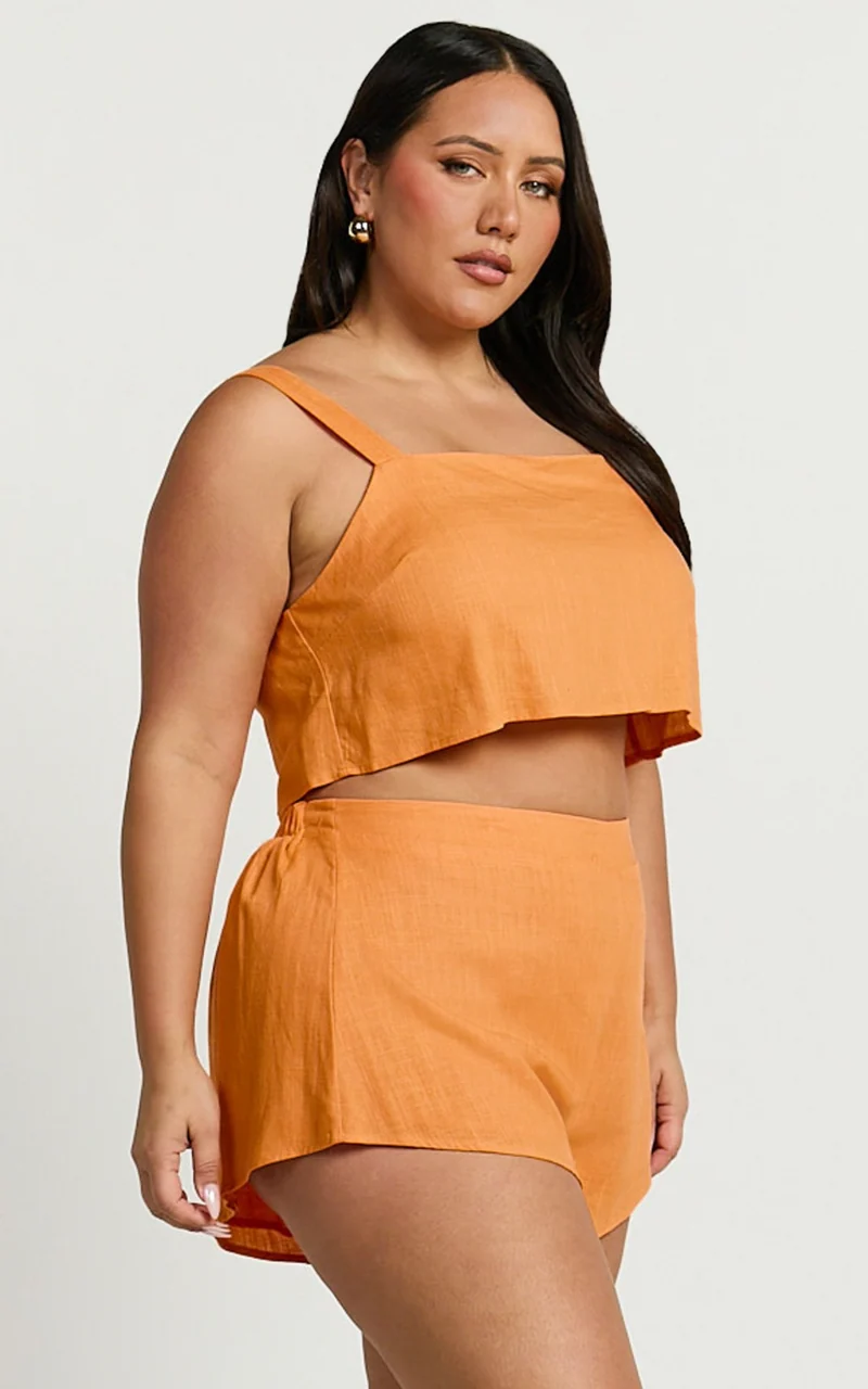 Zanrie Two Piece Set - Linen Square Neck Crop Top and High Waist Mini Flare Shorts Set in Orange
