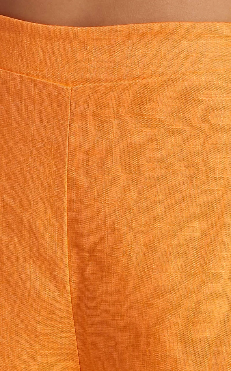 Zanrie Two Piece Set - Linen Square Neck Crop Top and High Waist Mini Flare Shorts Set in Orange