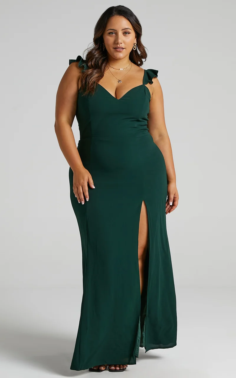 More Than This Maxi Dress - Ruffle Strap Thigh Split Dress in Emerald