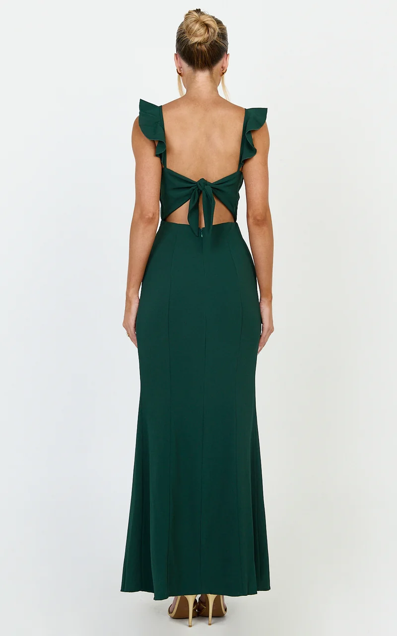 More Than This Maxi Dress - Ruffle Strap Thigh Split Dress in Emerald