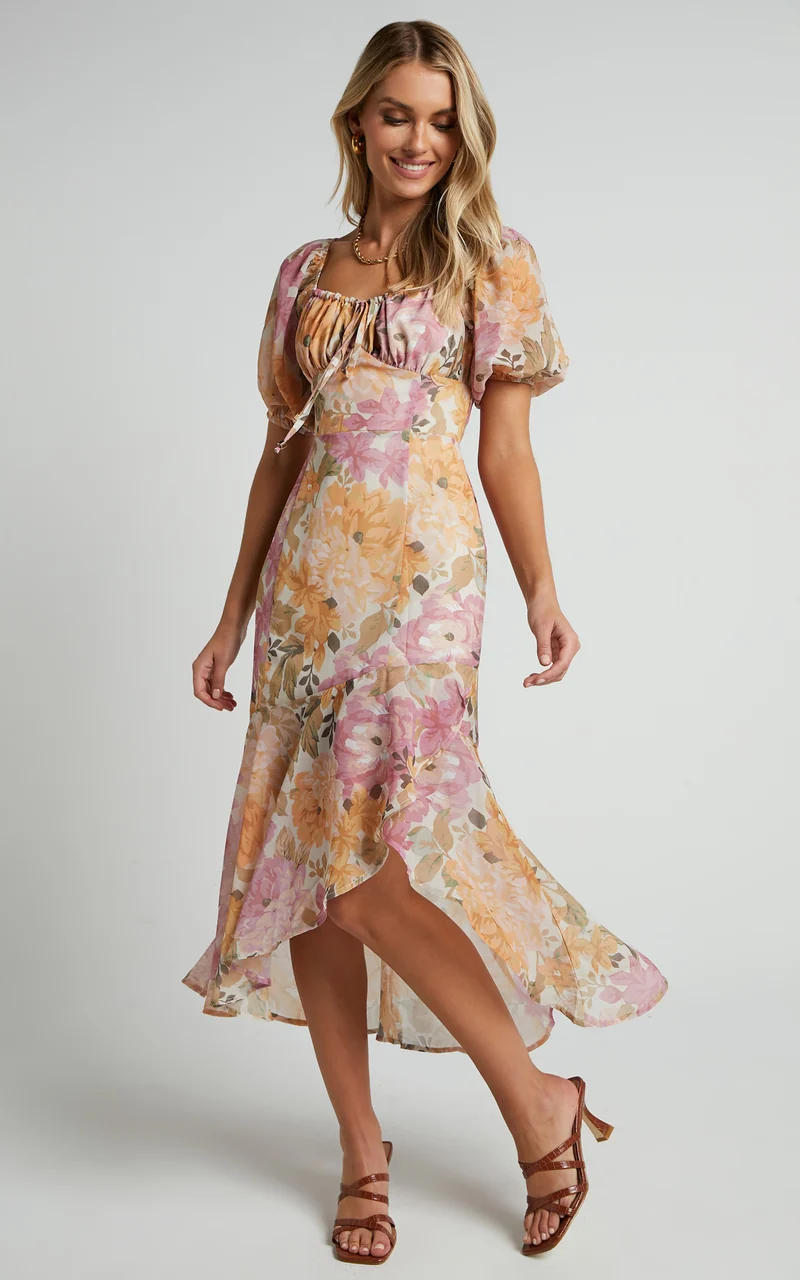 Jasalina Midi Dress - Puff Sleeve Dress in Elegant Rose