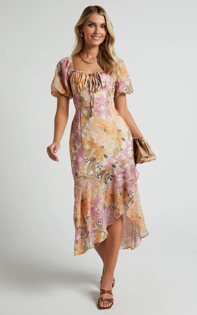 Jasalina Midi Dress - Puff Sleeve Dress in Elegant Rose
