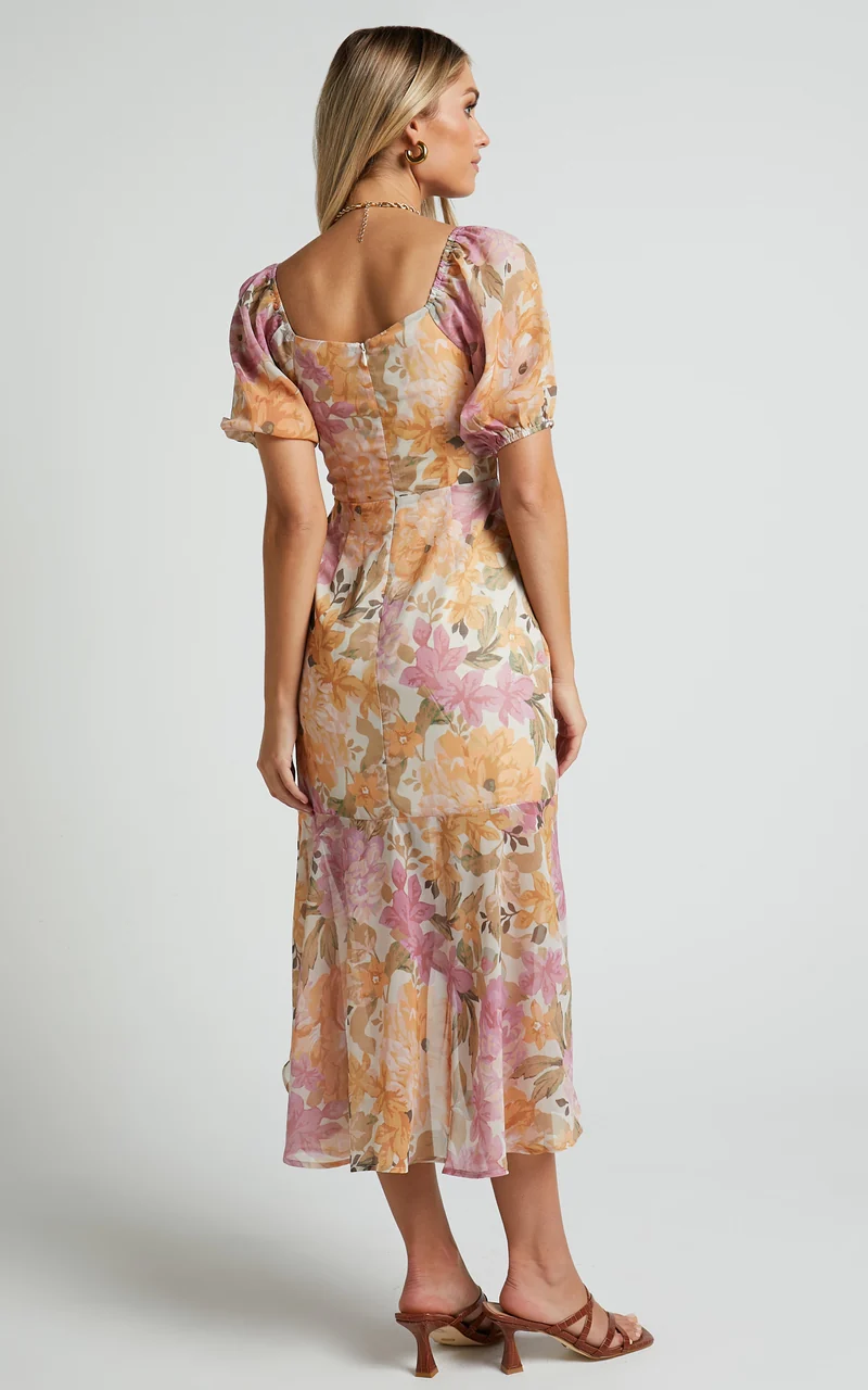 Jasalina Midi Dress - Puff Sleeve Dress in Elegant Rose