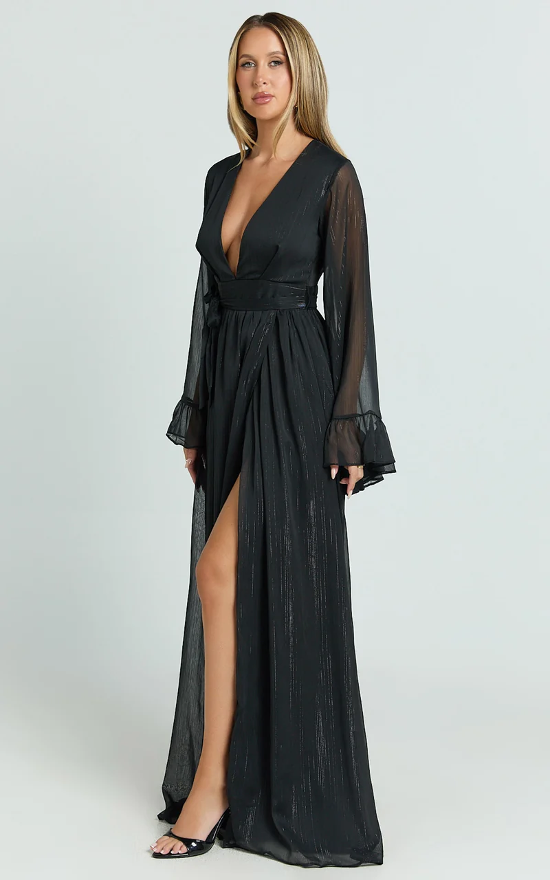 Dangerous Woman Maxi Dress - Plunge Thigh Split Dress in Black