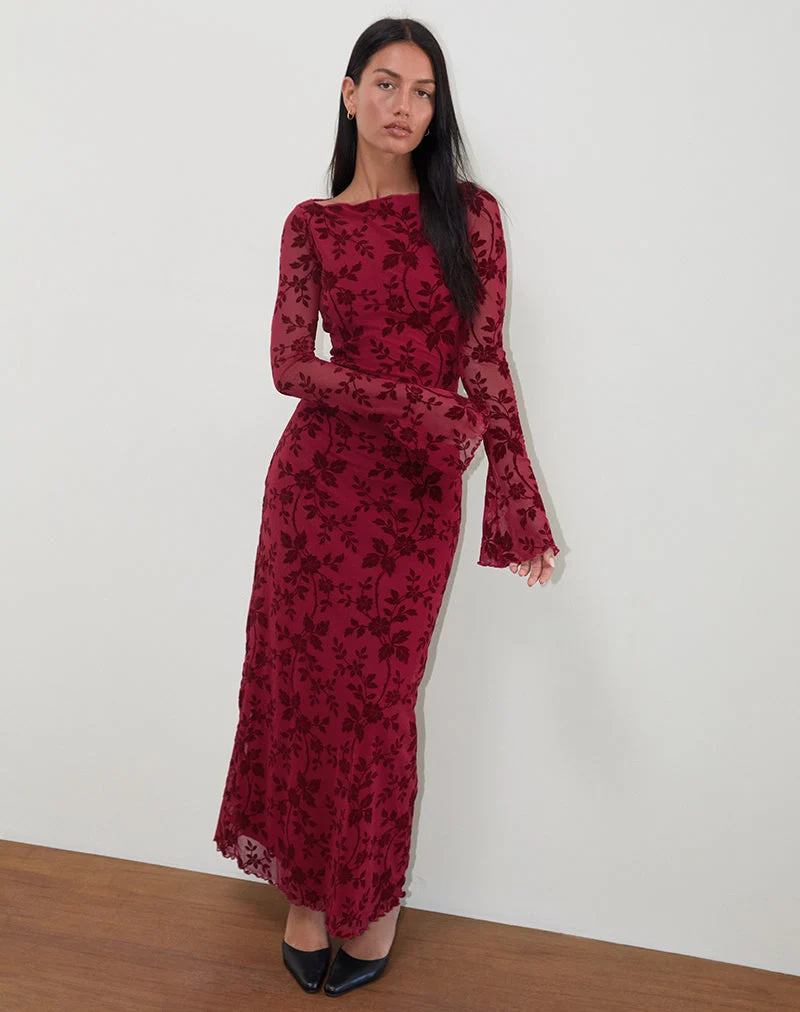 Robe longue à manches longues Slokya, flocage floral Vine Cherry