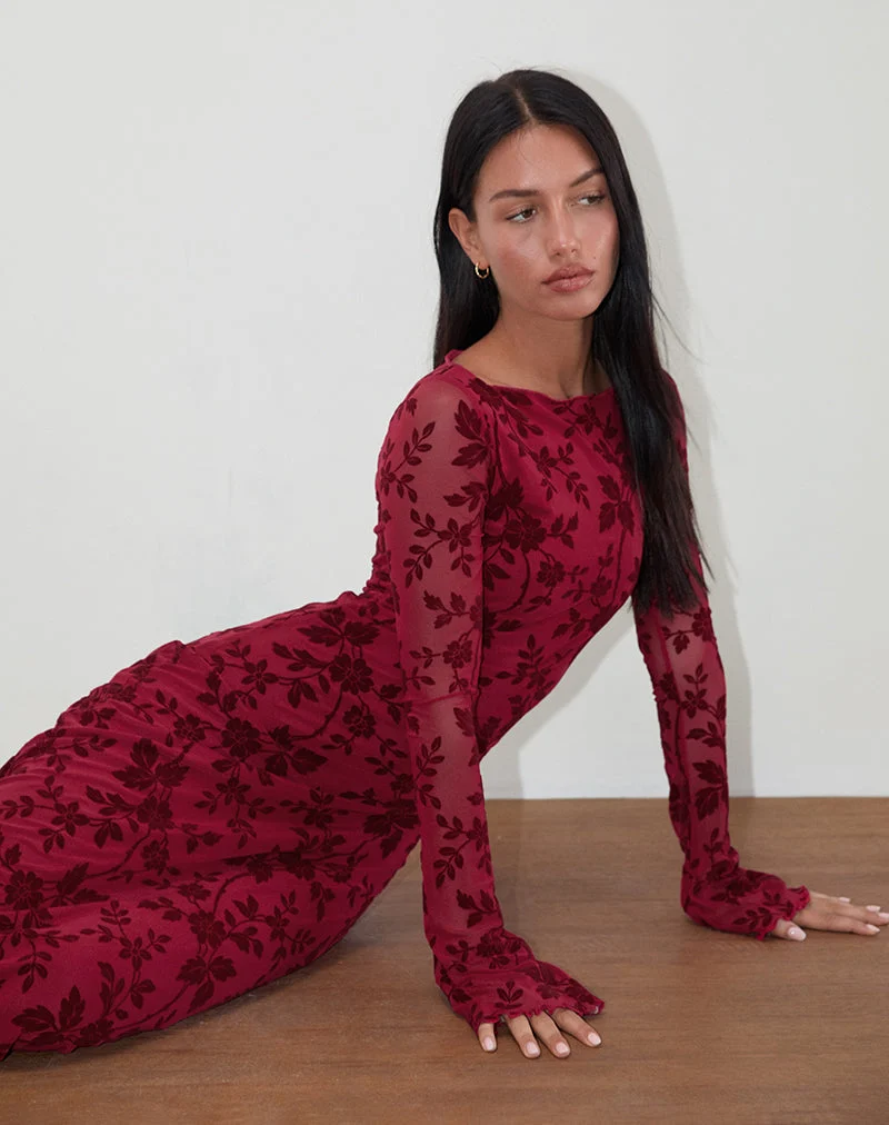Robe longue à manches longues Slokya, flocage floral Vine Cherry