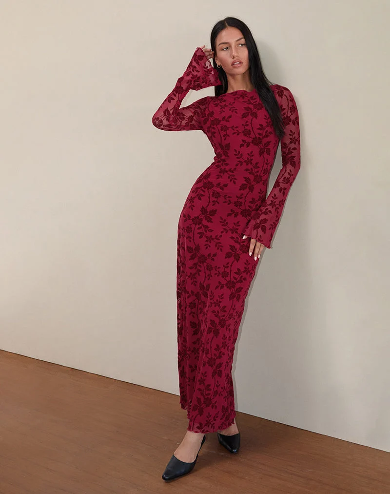Robe longue à manches longues Slokya, flocage floral Vine Cherry