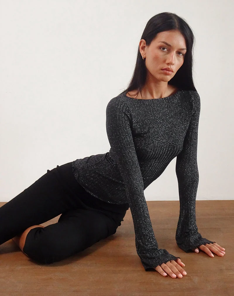 Lukia Long Sleeve Top in Metallic Stripe Jersey Black (Top à manches longues en jersey à rayures métalliques)