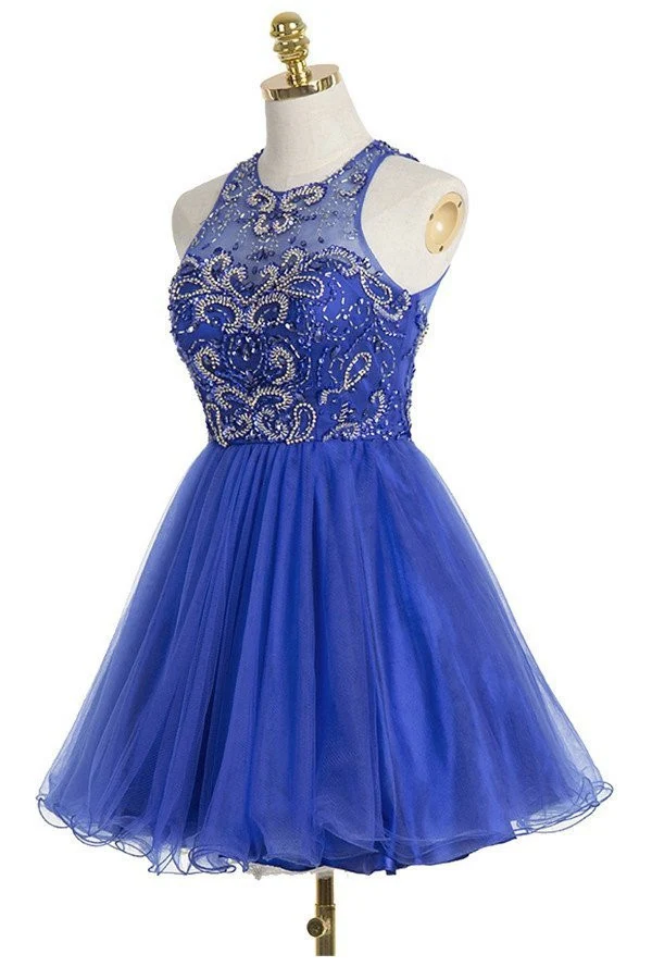 Robe de soirée courte bleu royal, robe de soirée à dos ouvert pour étudiant de première année