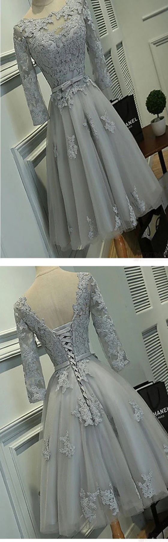 Robe de soirée courte en dentelle vintage grise à manches longues