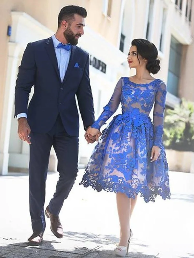 Robe de soirée courte en dentelle bleu royal | Robe de bal courte à manches longues
