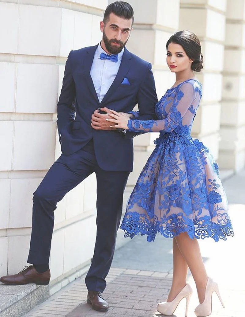 Robe de soirée courte en dentelle bleu royal | Robe de bal courte à manches longues