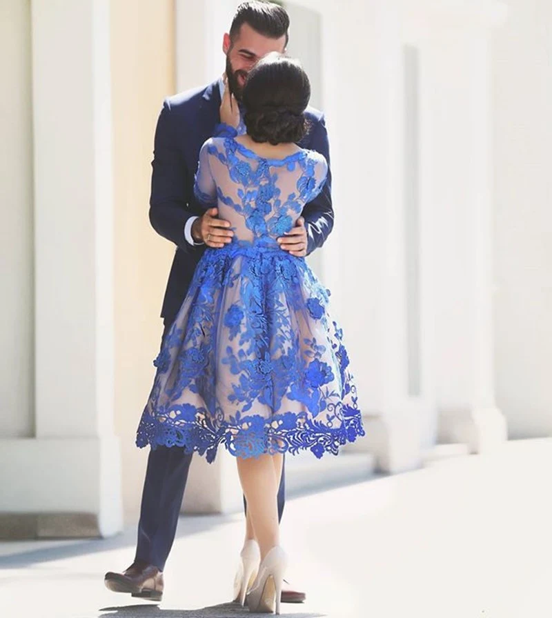 Robe de soirée courte en dentelle bleu royal | Robe de bal courte à manches longues