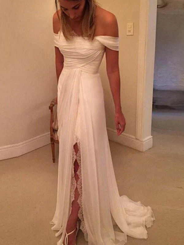 Robe de mariée bohème en mousseline de soie, épaules dénudées, avec fente latérale