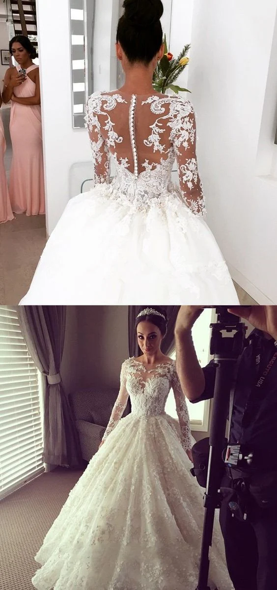 Robe de mariée princesse Cendrillon en dentelle à manches longues avec manches WS082