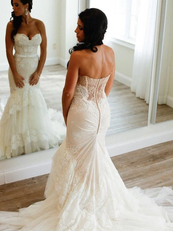 Robe de mariée sirène en dentelle, sans bretelles, à plusieurs niveaux, pour femmes courbes, WS080