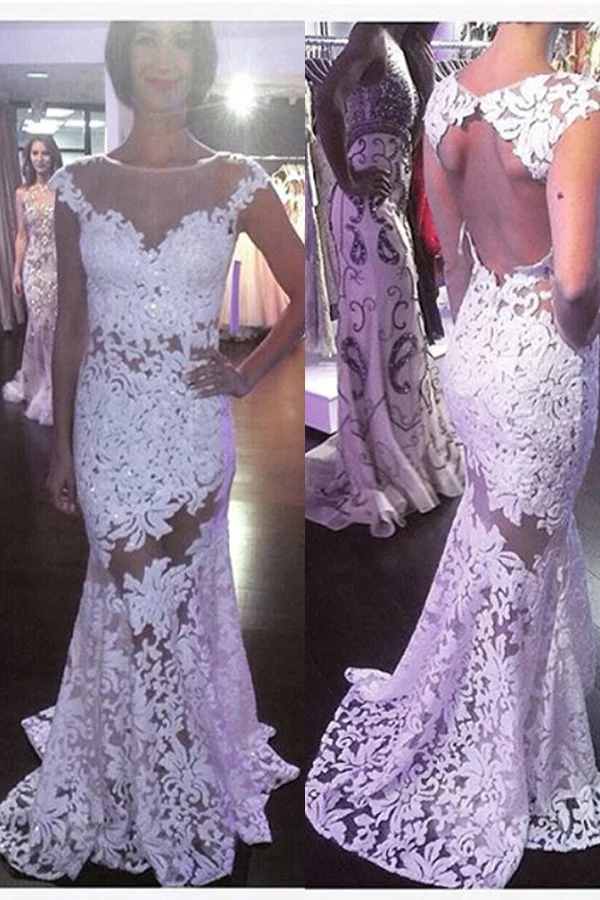 Robe de mariée sirène transparente en dentelle à manches courtes et dos ouvert