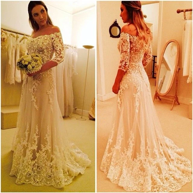 Robe de mariée vintage en dentelle à épaules dénudées et manches longues