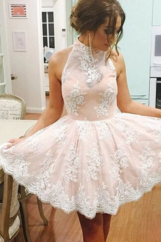 Robe de mariée courte en dentelle rose perle à col licou Robe de bal courte en dentelle